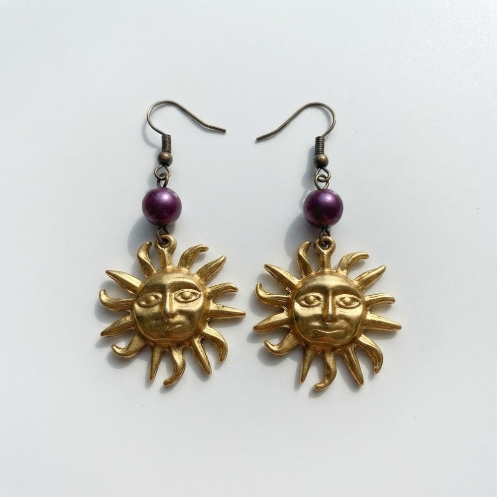 Vintage Style Gold Sun Face Dangle Earrings Purple Bead Celestial Boho Jewelry